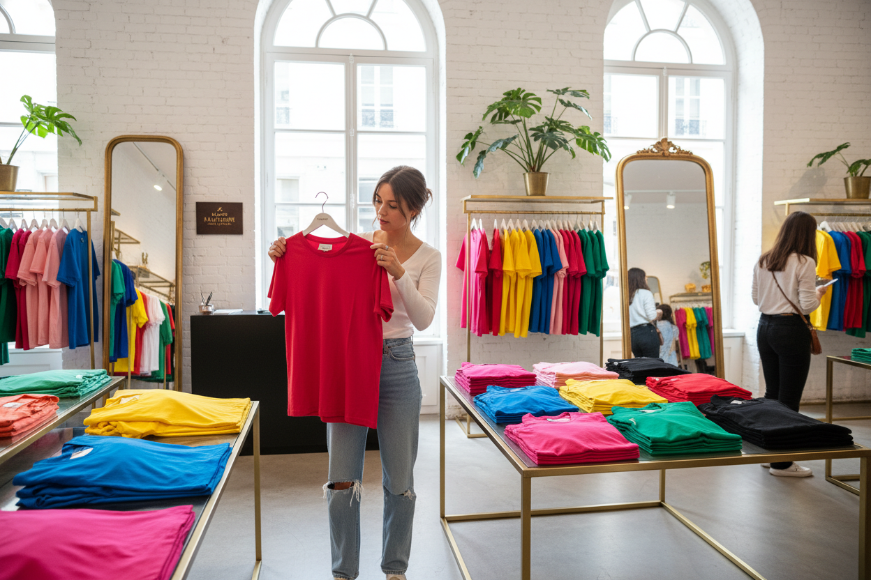 Στειλε μου μια κοπελα σε καταστημα του Παρισιου που να επιλεγει Τ-shirt  . Η εικόνα να είναι hd , αναλογια 16:9 . Ηκοπελα να ειναι casual ντυμενη . Η κοπελα να μην κοβεται . και τα t-shirt να ειναι με εντονα χρωματα